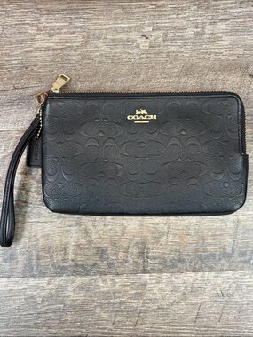 Coach Double Zip Wristlet Wallet – Black Signature Debossed Leather